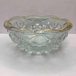 Vintage 1950s 8" Crystal Starburst Cut Glass Serving Bowl Gold Scalloped Rim